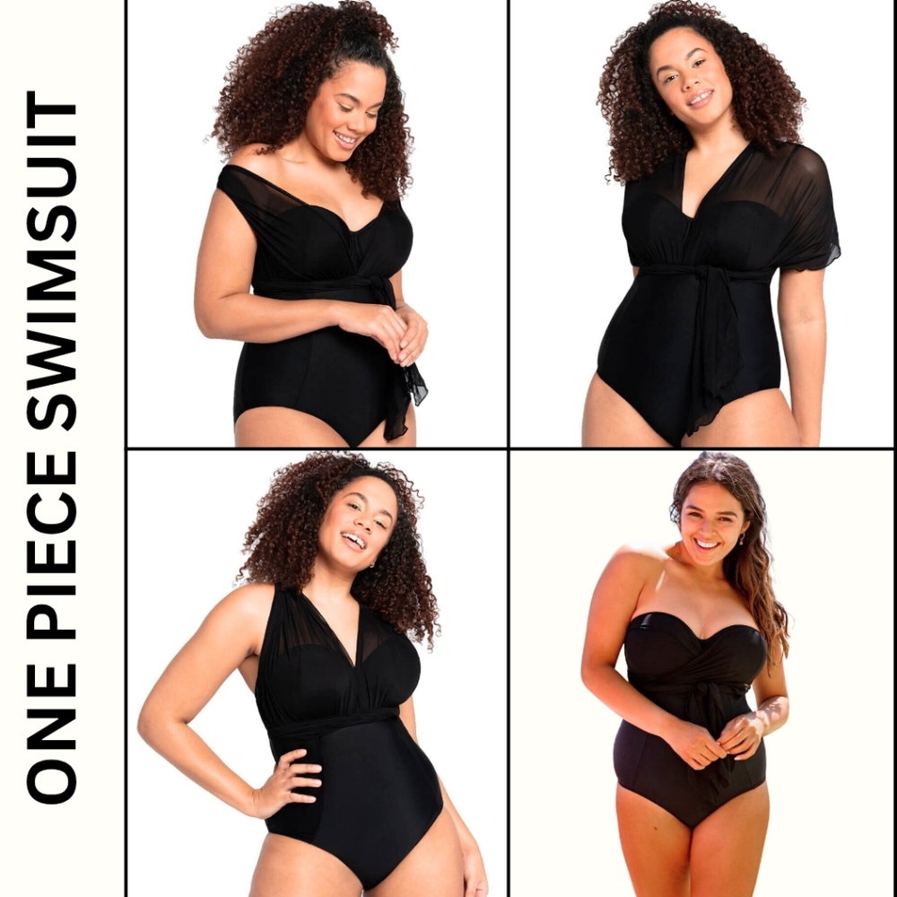 Curvy Kate Wrapsody Bandeau One Piece Swimsuit Black Mesh Coverup Beach Size 30I